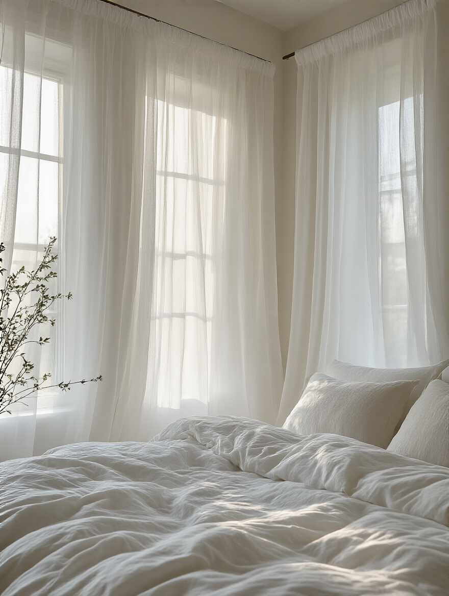 A beautifully styled bedroom with layered sheer white curtains filtering natural light.