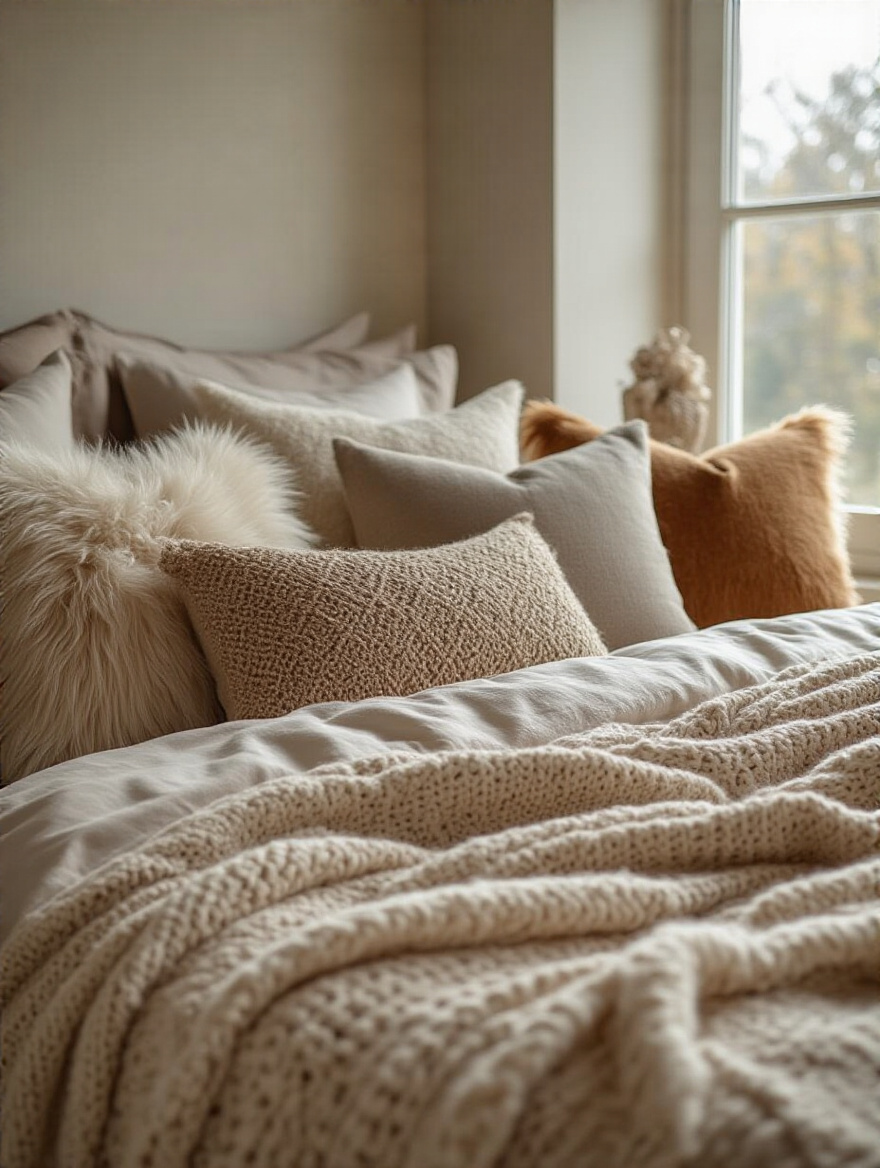 Cozy bedroom with layered decorative pillows and a throw blanket on the bed