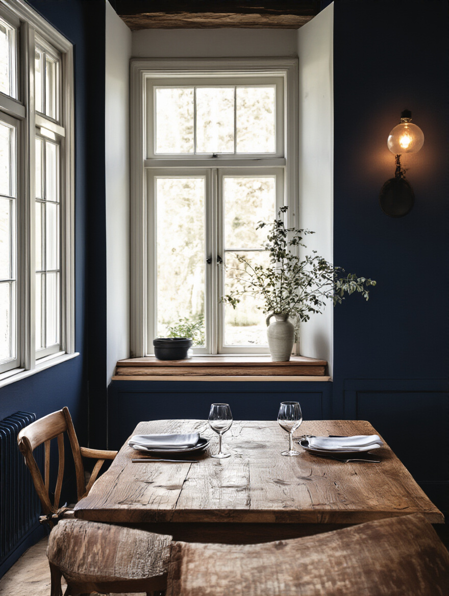 Cozy dining room with dark navy walls and rustic wooden table