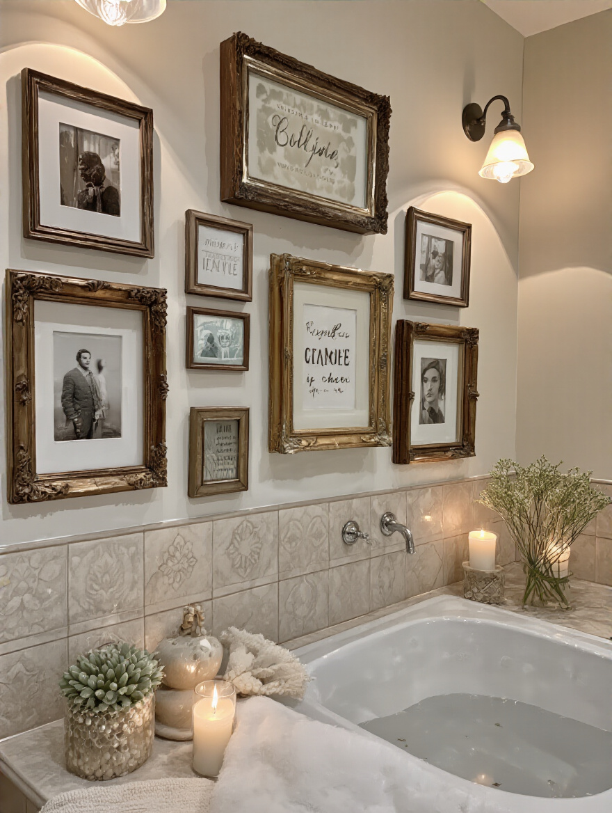 Stylish bathroom with a gallery wall of personalized photos and mementos.