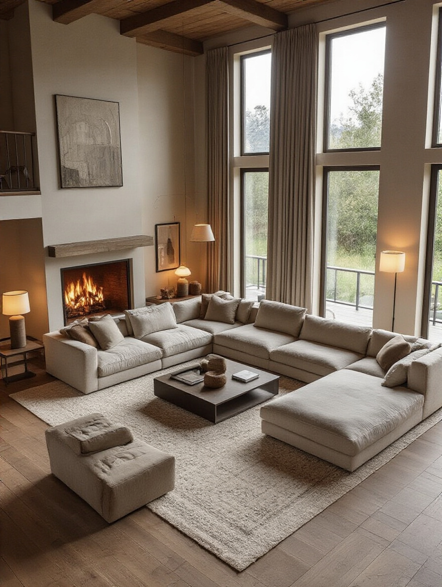Modern living room with L-shaped sectional sofa defining a cozy seating area around a fireplace, accented with warm lighting and a large area rug