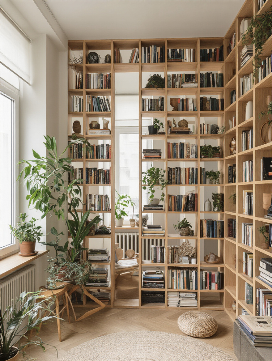 Tall bookshelves in a small apartment living room, showcasing organized storage and stylish decor.