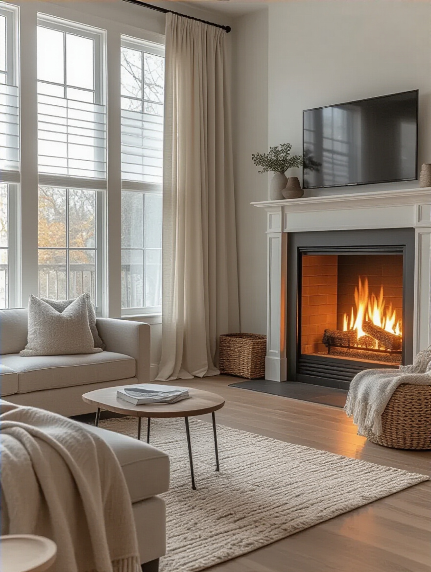 Cozy living room with fireplace featuring layered curtains managing window glare and firelight reflection