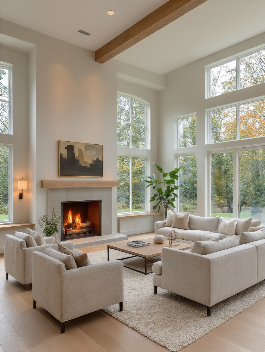 Modern living room with fireplace showing clear and spacious traffic paths around furniture for seamless flow