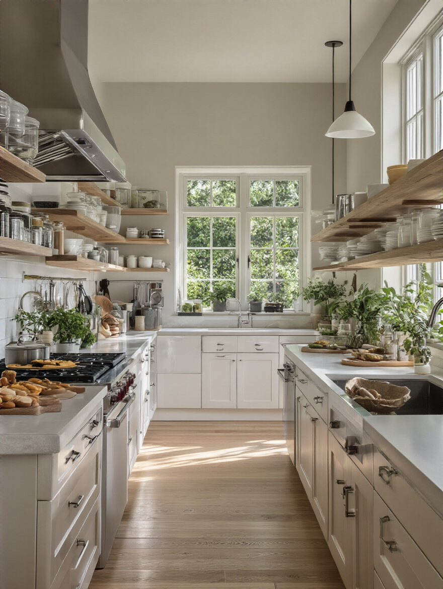 Modern kitchen with clearly defined functional zones for prepping, cooking, and cleaning, showing an efficient workflow layout with organized storage and countertops