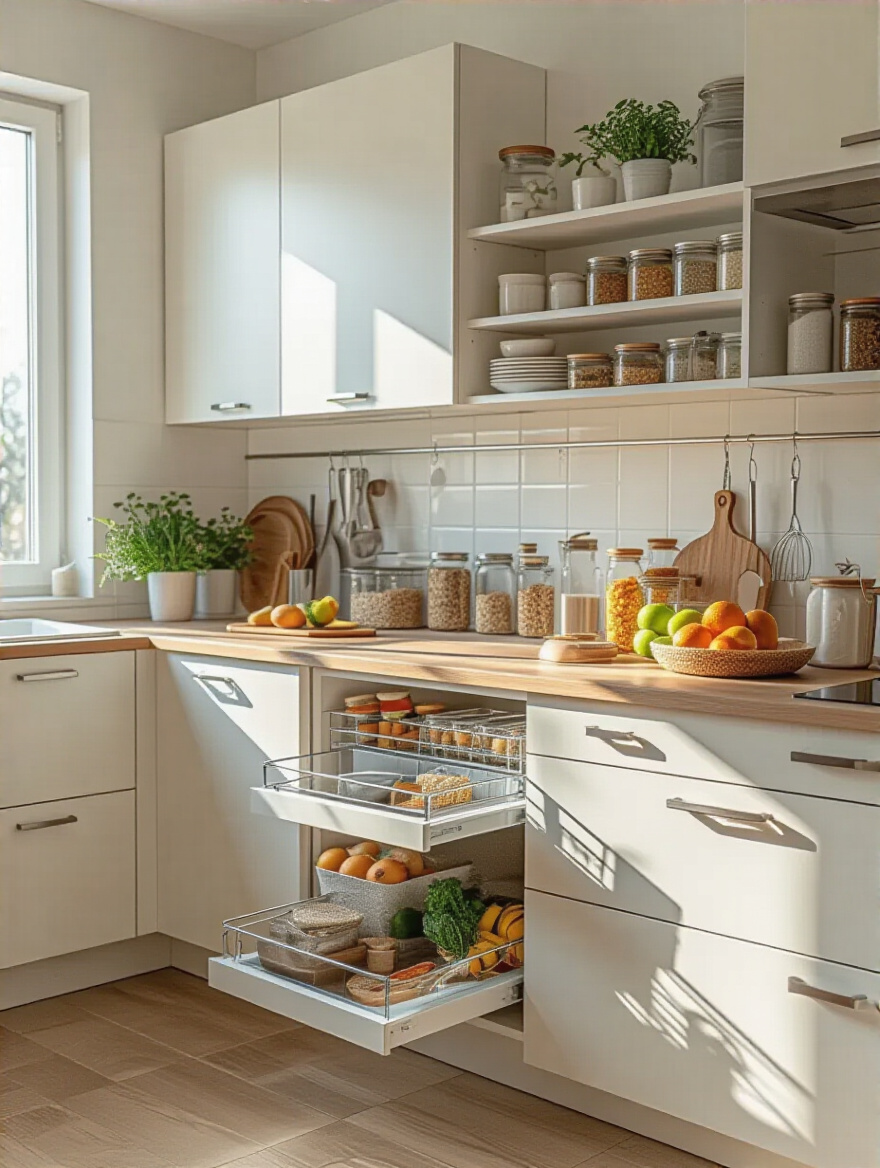 Modern kitchen interior with optimized cabinet placement for workflow efficiency