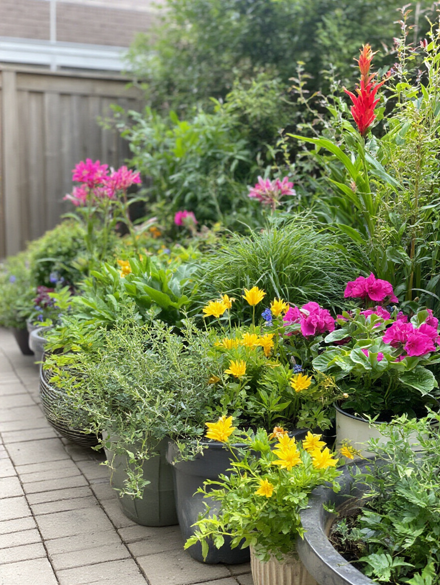 Portrait image of a sunlit patio with container plants being deeply watered, showing moist soil and healthy foliage