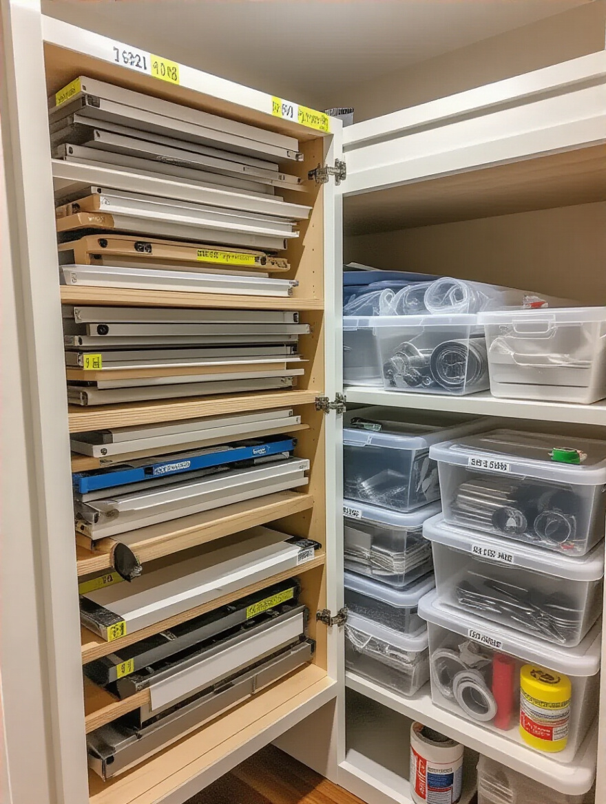 Organized kitchen cabinet doors and hardware labeled for systematic disassembly.
