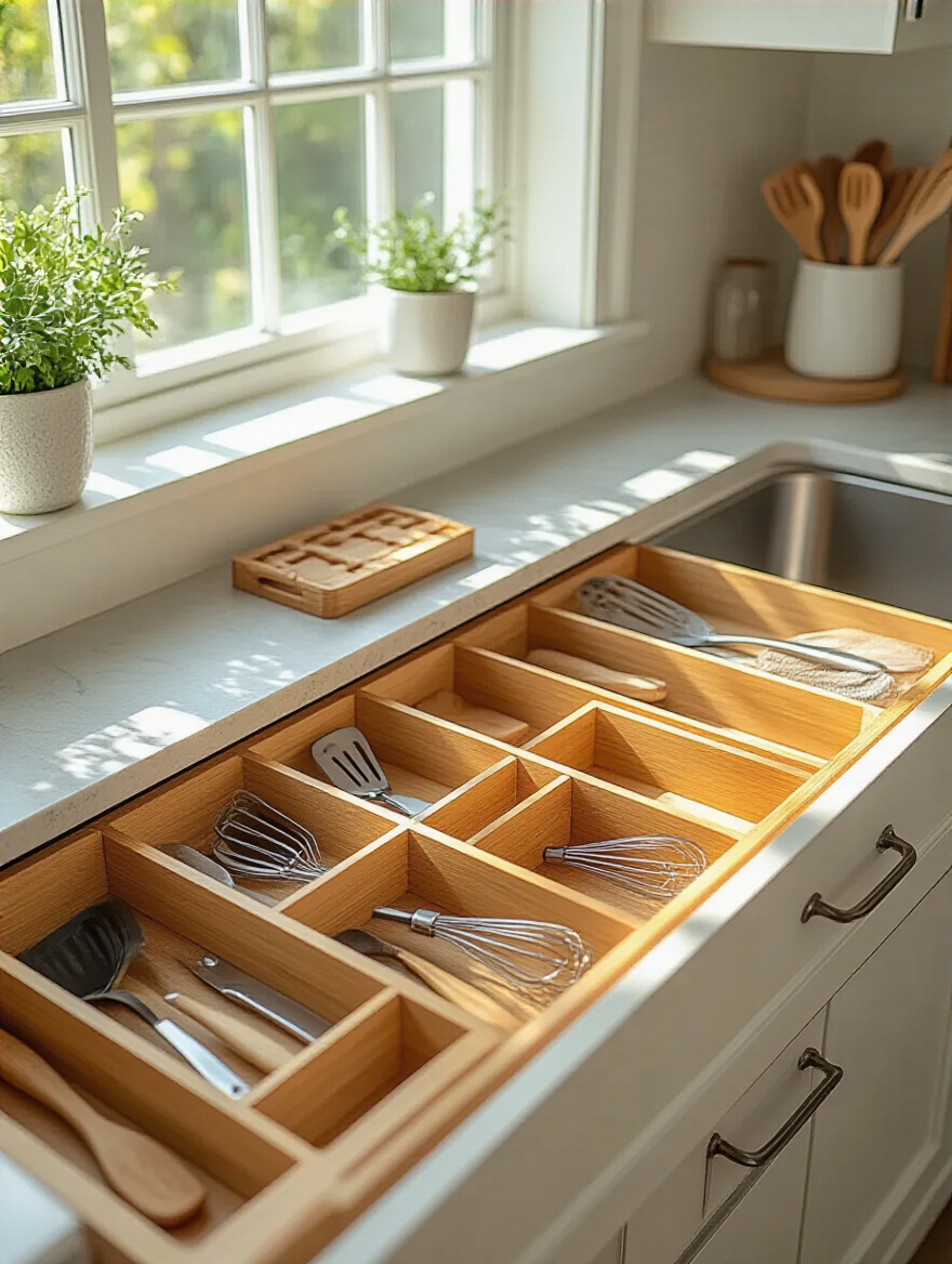 Organized kitchen drawer with bamboo dividers separating utensils