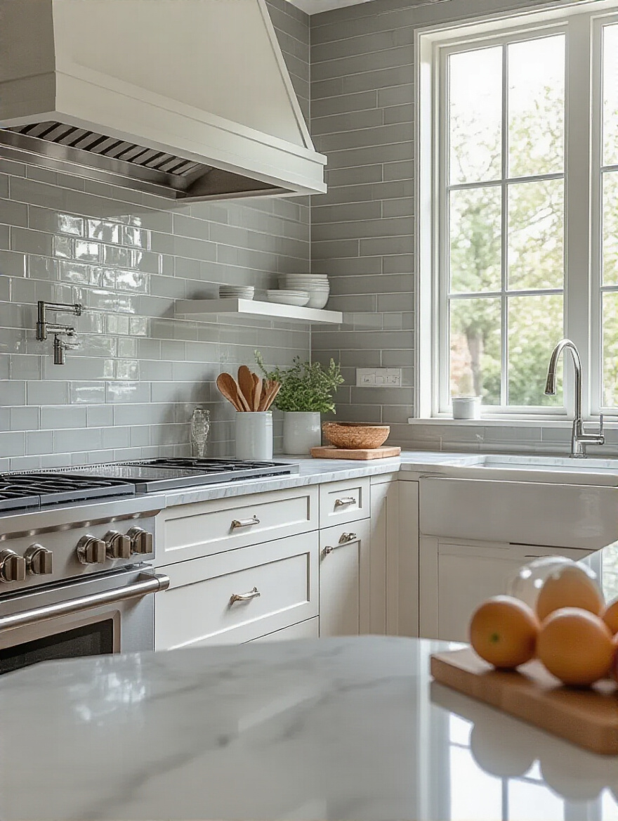 Modern kitchen showcasing a gray ceramic subway tile backsplash harmonizing with marble countertops and white shaker cabinets
