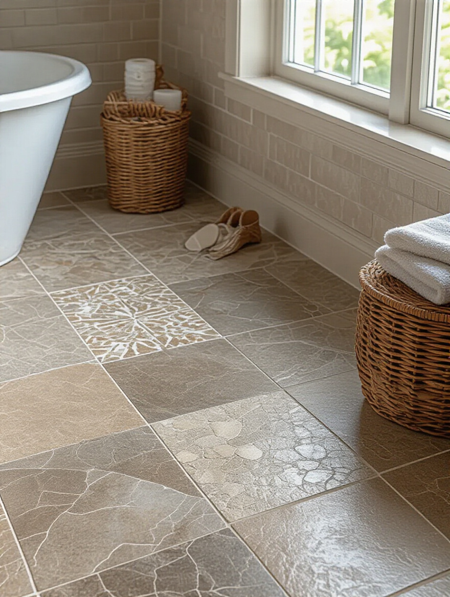 Modern bathroom floor displaying different tile types matched to various bathroom traffic durability zones
