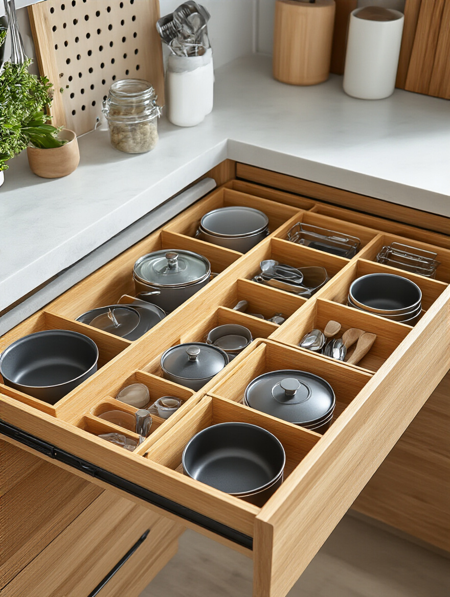 Deep kitchen drawer organized with adjustable bamboo and plastic inserts showing pots, pans, and lids neatly arranged