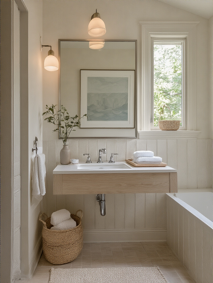 A well-designed small bathroom with light walls and a large mirror reflecting natural light.