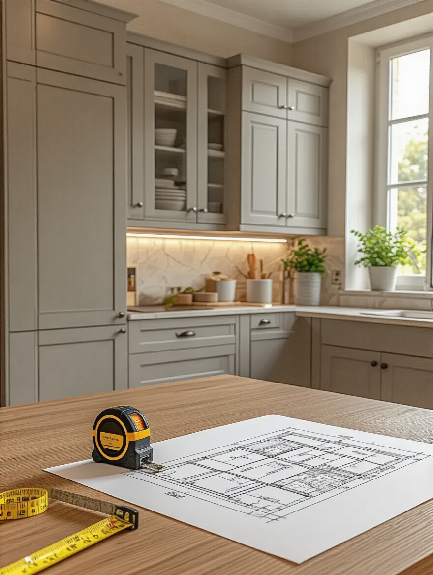 A professional kitchen showcasing perfectly fitted cabinetry with a measuring tape and floor plan sketch on the countertop.