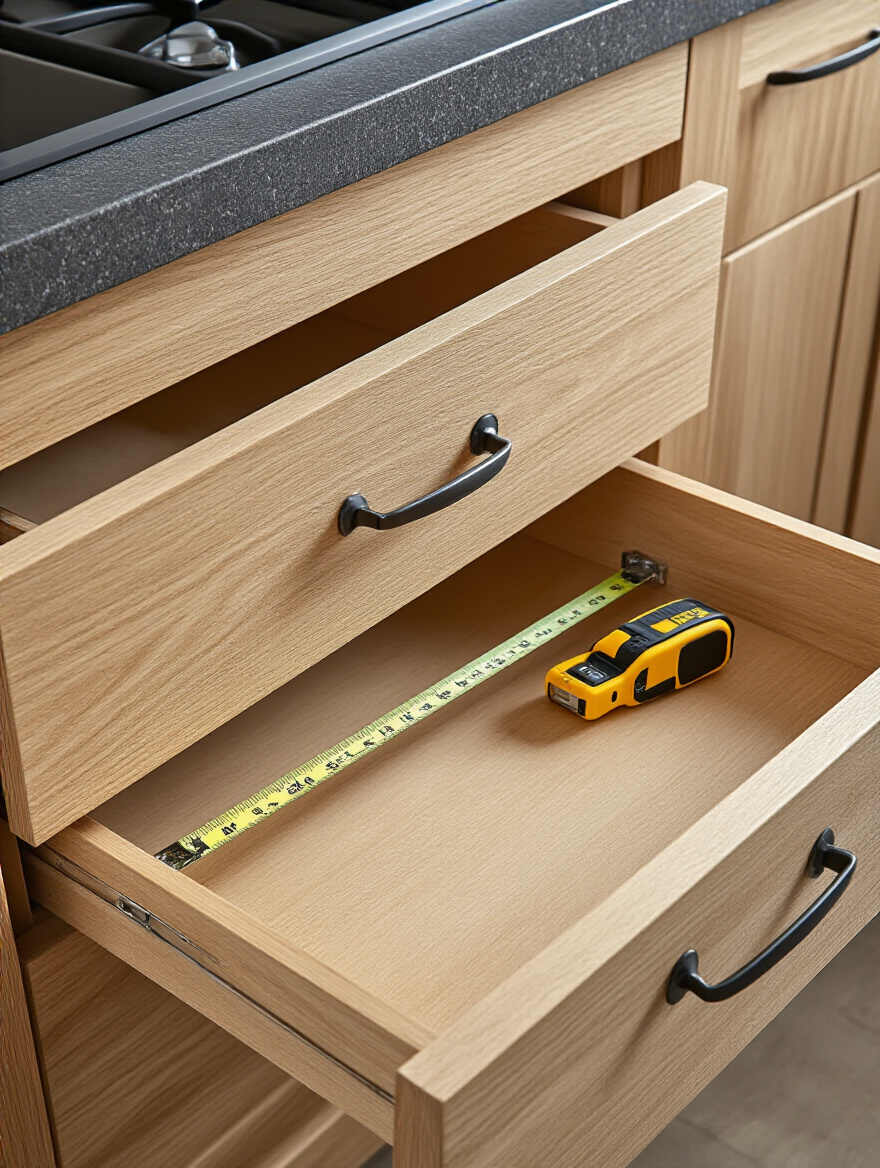 Open kitchen cabinet and drawer interior being accurately measured with a steel tape measure for storage fittings