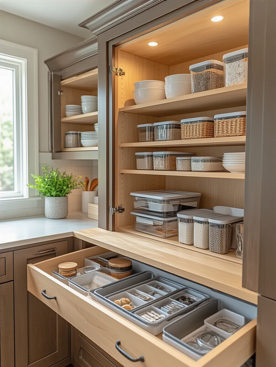Organized kitchen cabinet with perfectly fitted organizers