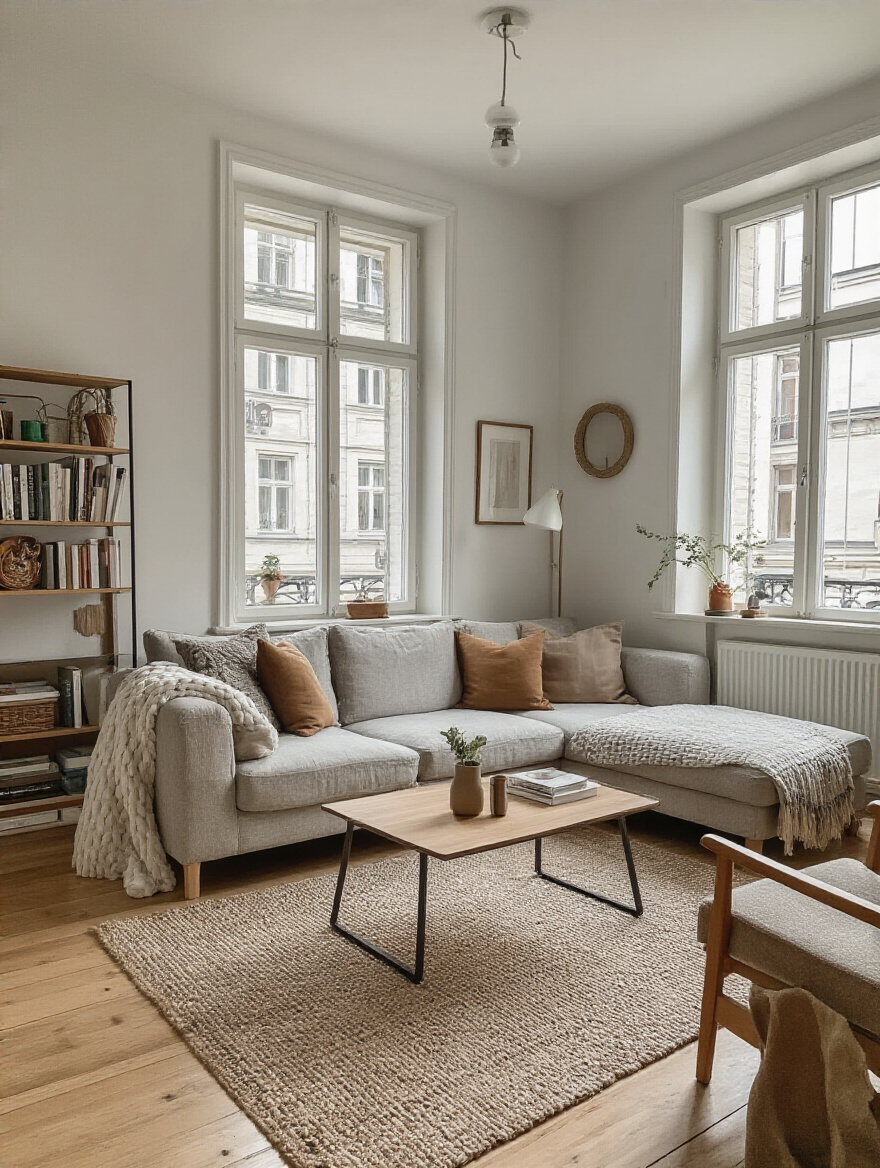 Cozy small apartment living room with well-measured furniture layout