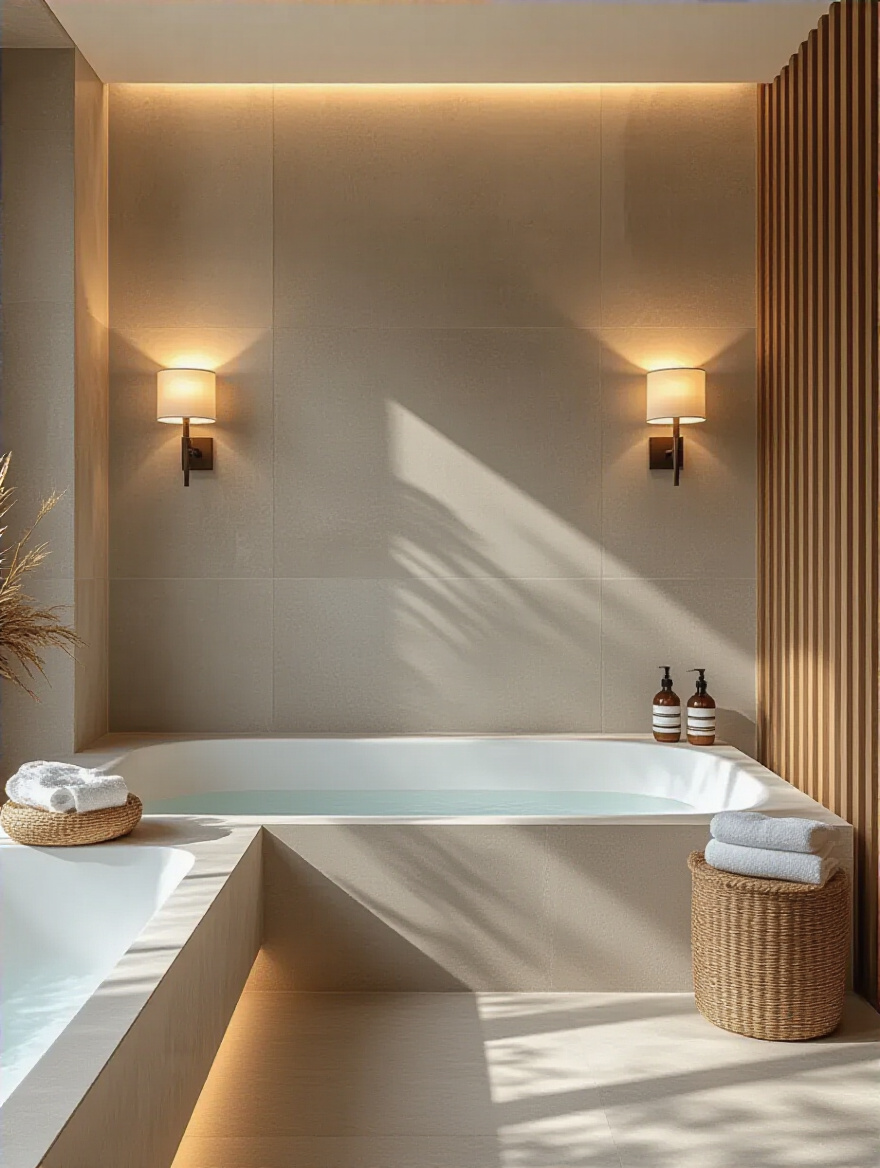 Luxurious bathroom wall featuring a mix of textures and materials