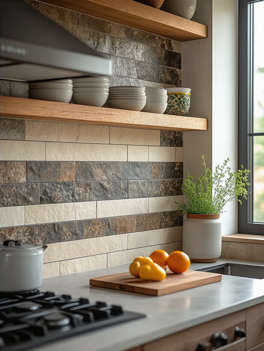 Modern kitchen backsplash with mixed natural stone and ceramic tiles creating a layered, textured look