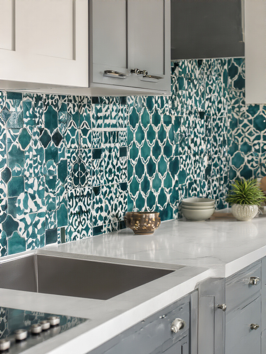 Modern kitchen backsplash with geometric and unique tile patterns in a sophisticated color palette, showcasing a bold contemporary design