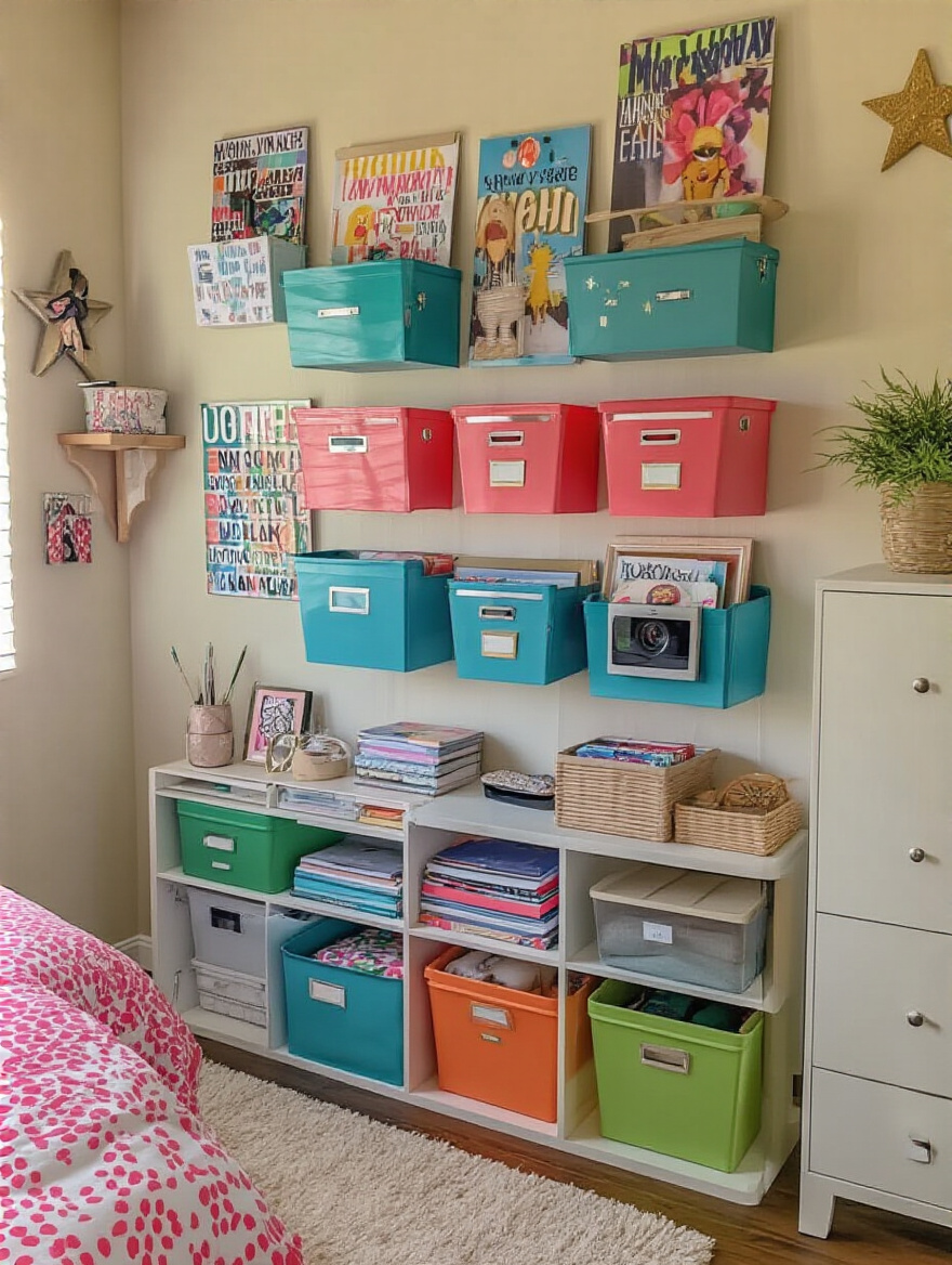 Organized wall with mounted magazine files and bins in a teen girl's bedroom