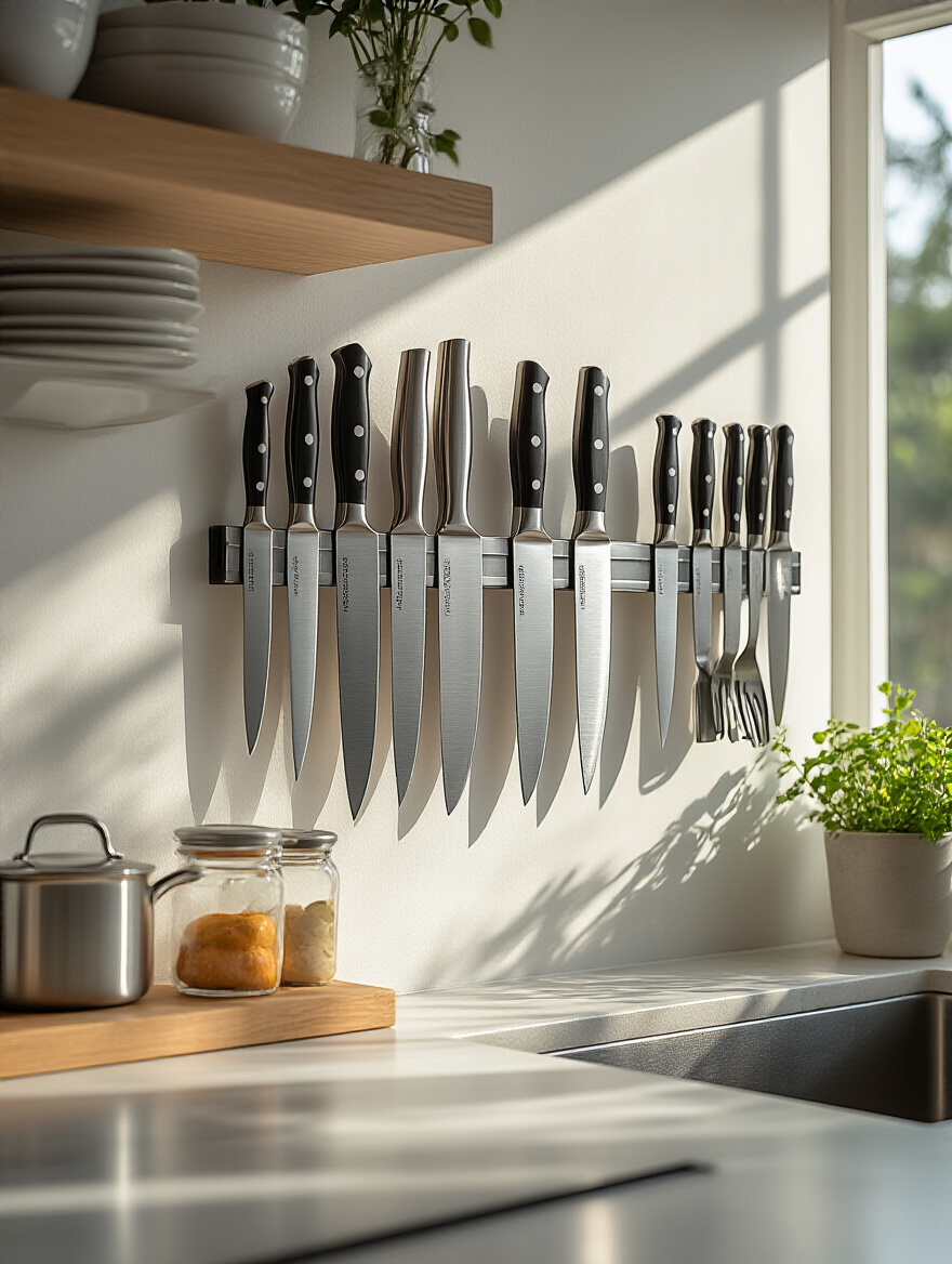 Organized kitchen with magnetic knife strips displaying knives on a wall