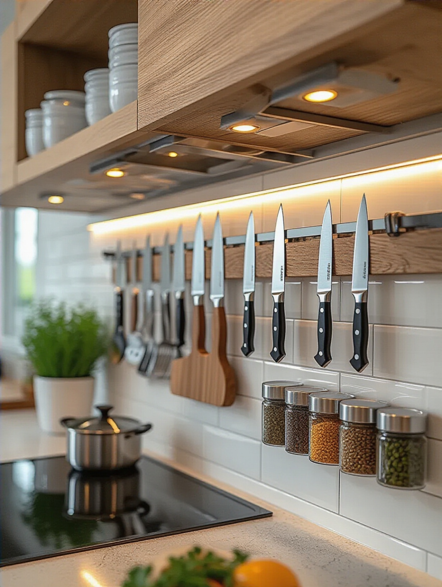 Mounted magnetic strips holding knives and spice tins on a modern kitchen wall