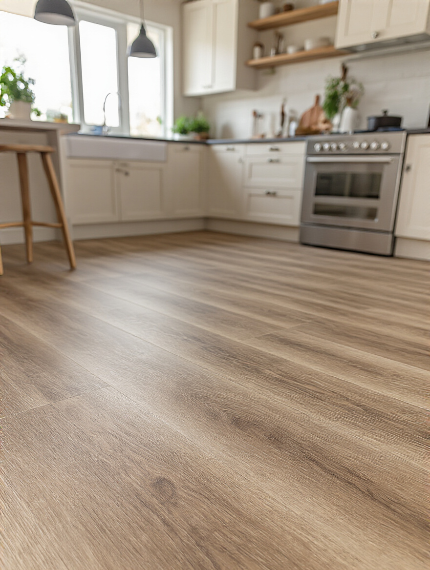 Modern kitchen floor with durable vinyl plank flooring featuring natural wood grain texture under soft daylight