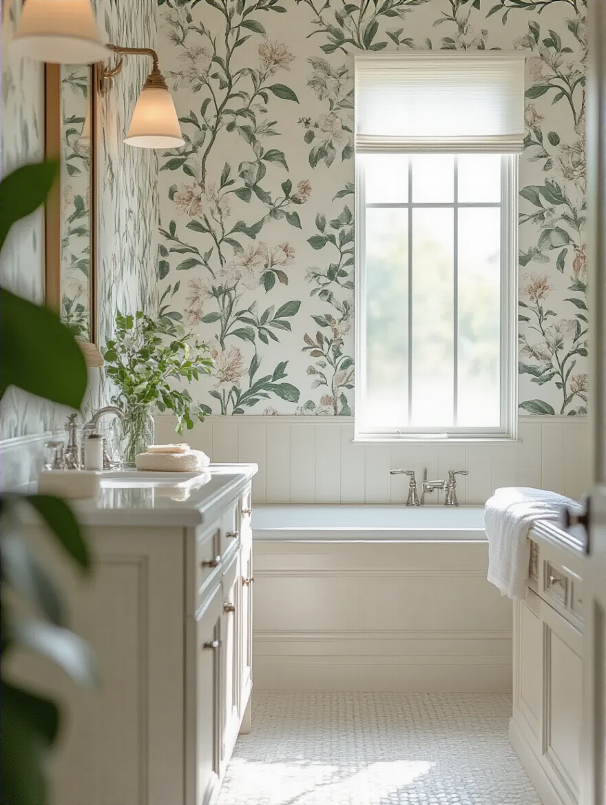 Beautiful bathroom featuring peel-and-stick wallpaper with botanical patterns, showcasing modern decor