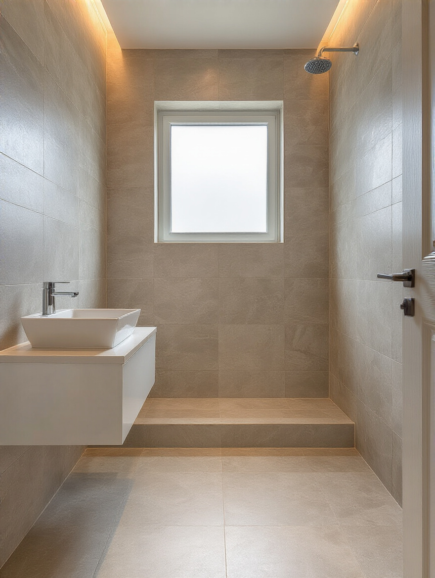 Small modern bathroom with large format tiles laid diagonally and horizontally to optimize space and light