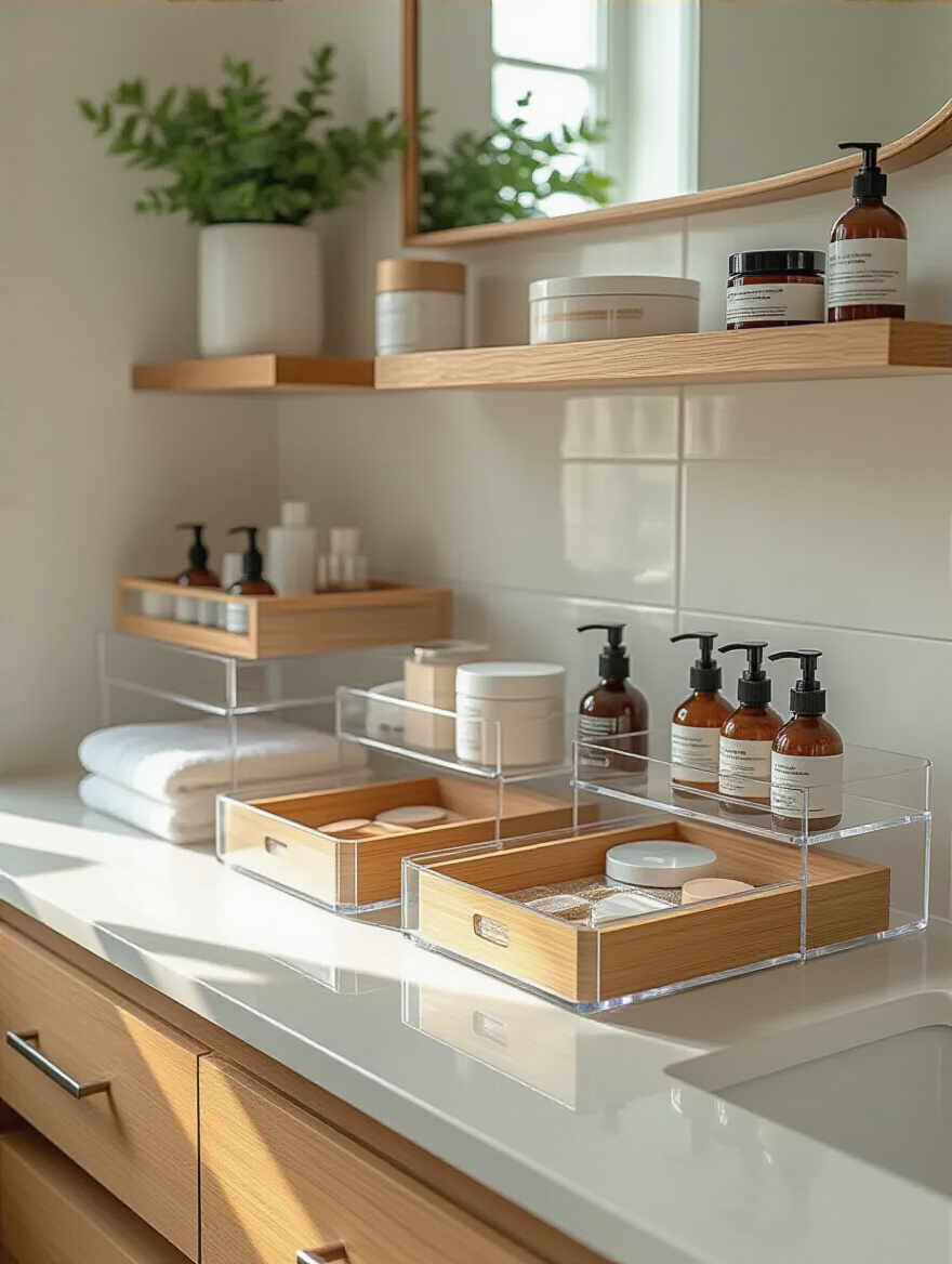 Organized bathroom vanity counter with clear acrylic organizers and tiered trays for daily essentials