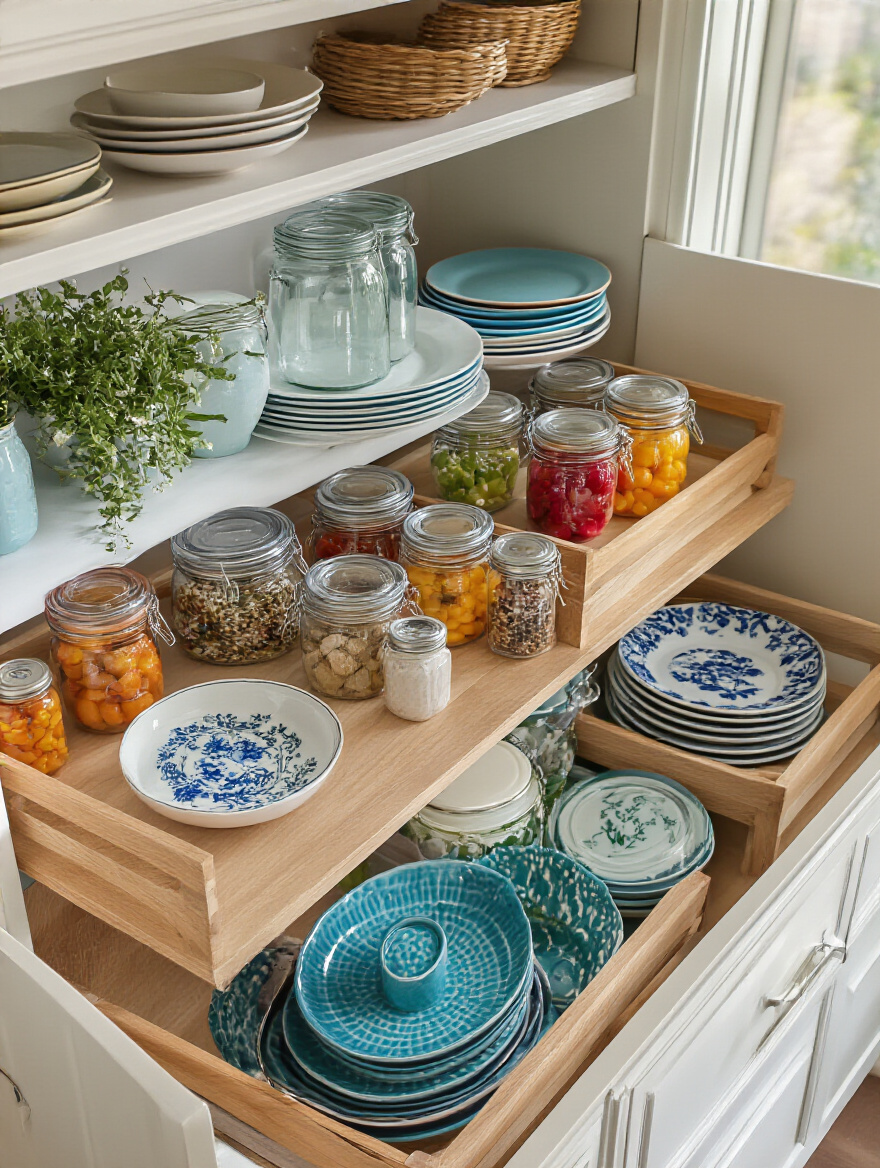 An organized kitchen cabinet showcasing stackable risers filled with various kitchen items.