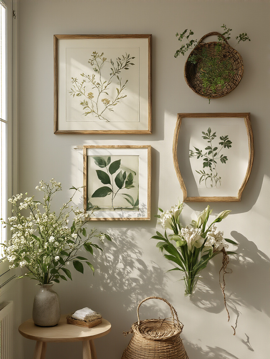 Bathroom wall decor hung at eye-level for maximum visual impact, featuring framed art and botanical prints.