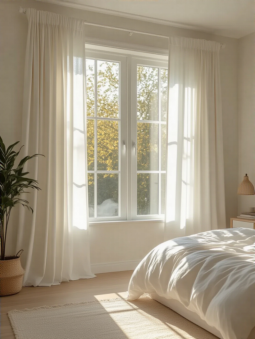 Bright white bedroom with optimized window treatments allowing maximum natural light.