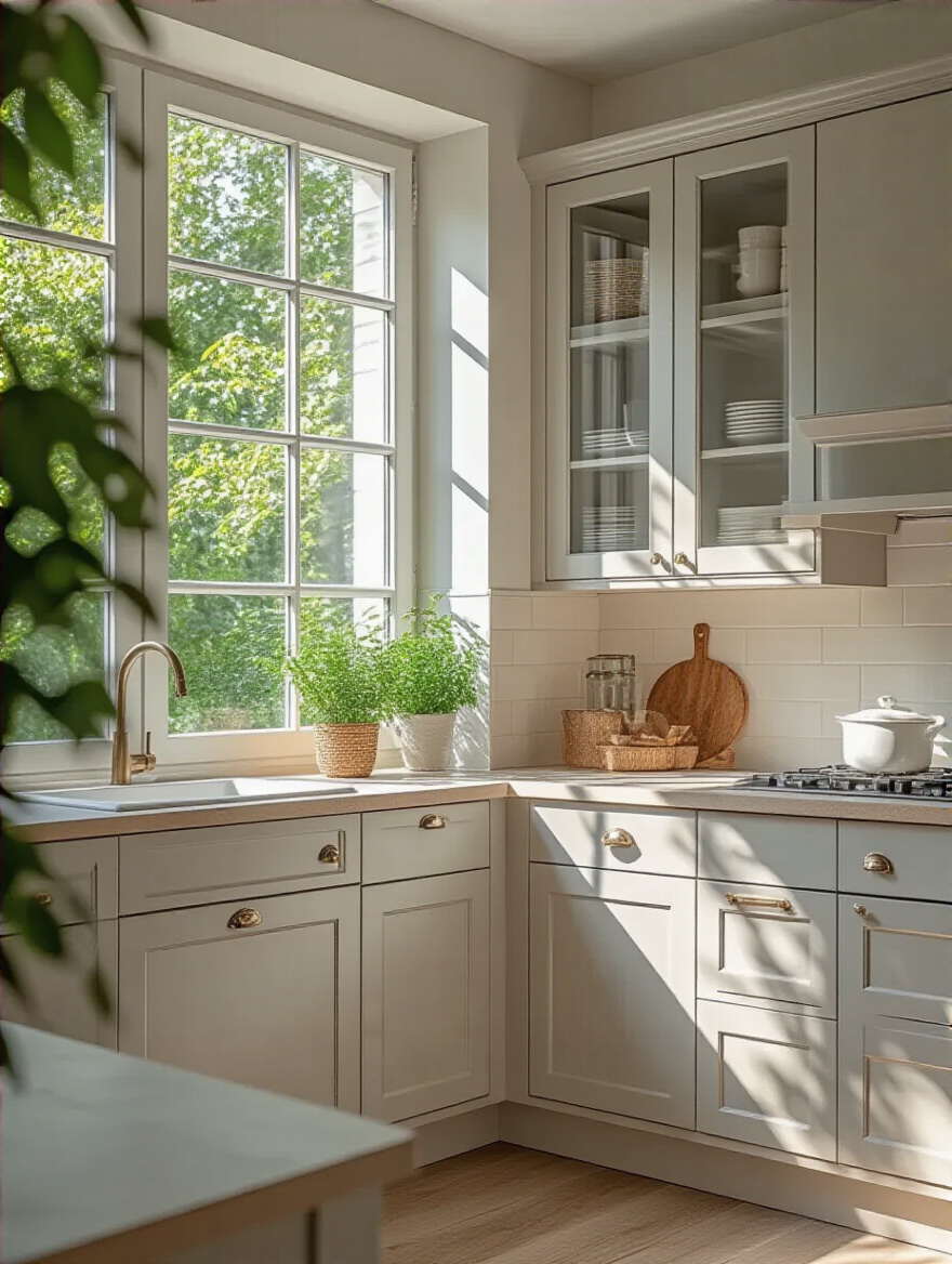 A beautifully painted kitchen cabinet set showcasing a smooth, glossy finish in natural light.