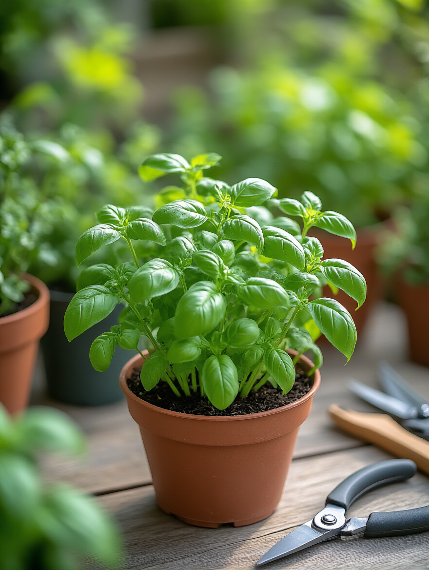 Close-up of a bushy potted herb plant on a patio garden showing clean angled pruning cuts and healthy new growth with gardening tools nearby