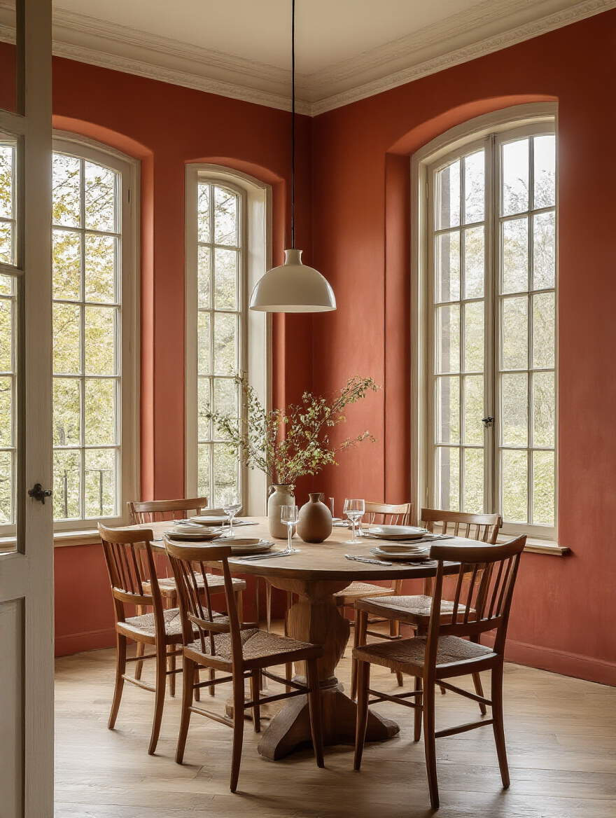 Elegant dining room with terracotta red walls and natural lighting