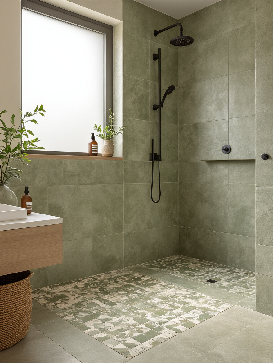 Modern eco-friendly bathroom with sustainable recycled content tiles on floor and shower walls