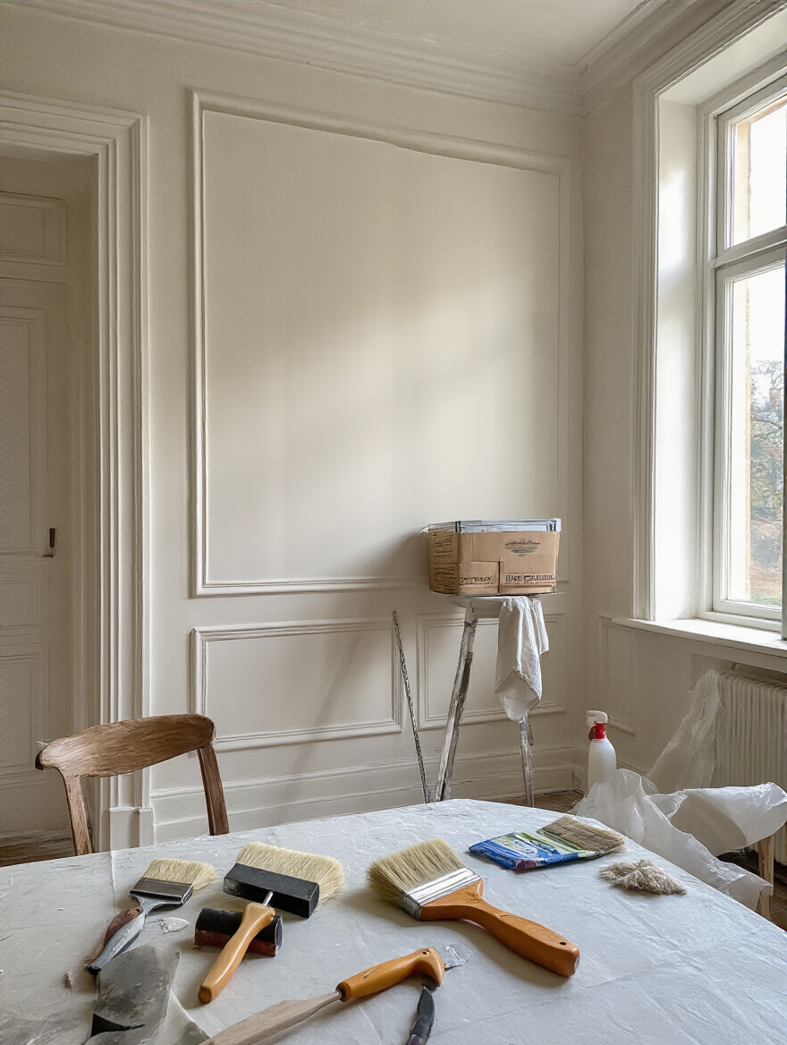 Prepared dining room wall ready for painting with natural light