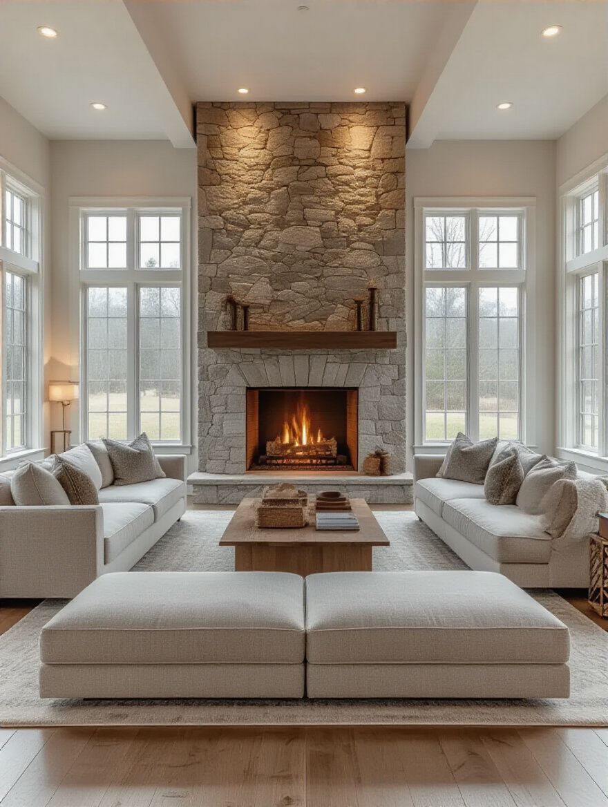 Living room with main sofa centrally positioned facing a stone fireplace creating a warm and inviting focal point