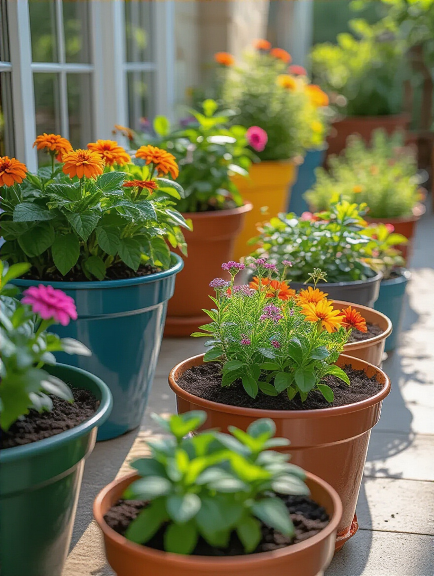 Portrait image of diverse healthy plants in multiple containers on a sunny patio demonstrating container crop rotation for soil health