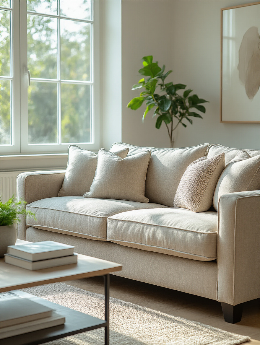 Stylish living room featuring a durable, easy-to-clean fabric sofa with decorative cushions and a modern coffee table.