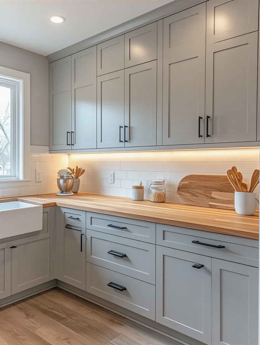 Modern kitchen featuring painted gray cabinets, matte black hardware, butcher block countertop, and under-cabinet LED lighting in a bright, well-lit space