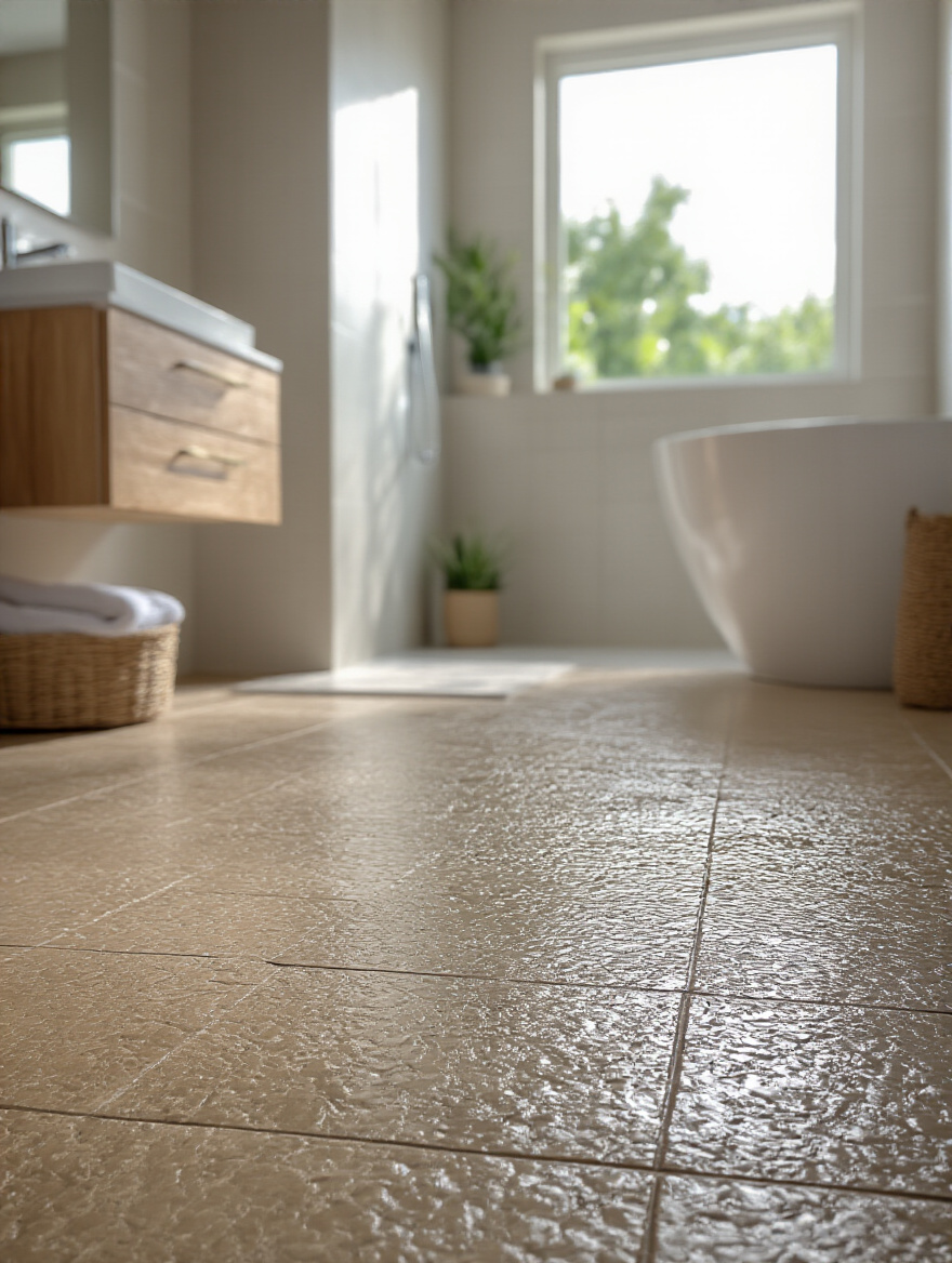 Close-up of matte textured modern bathroom floor tiles with high slip resistance rating in a wet area