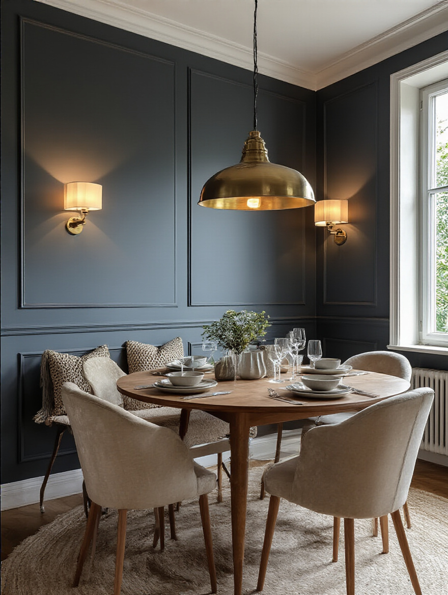 A serene dining room featuring washable satin-finish walls, elegantly decorated without people.