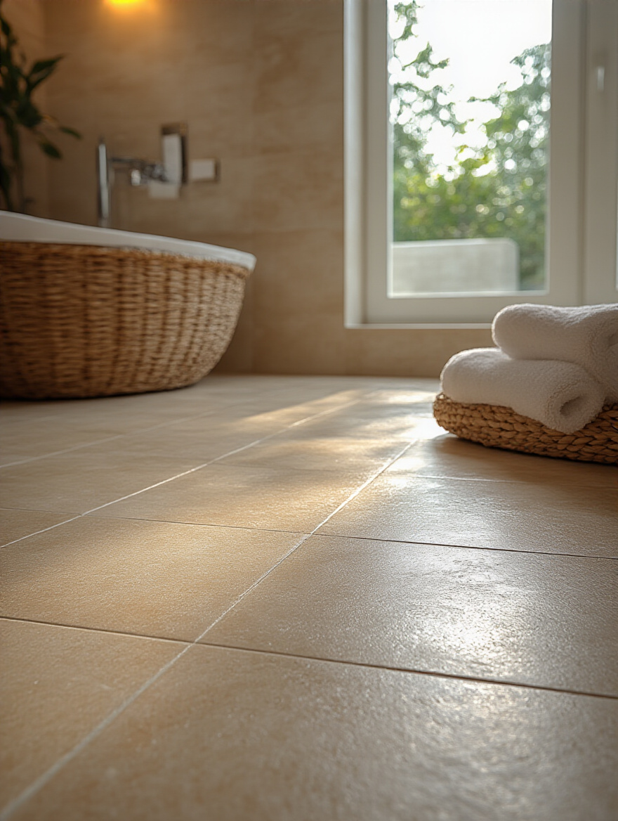 Close-up of modern bathroom floor tiles with clean, sealed grout lines highlighting protection and longevity