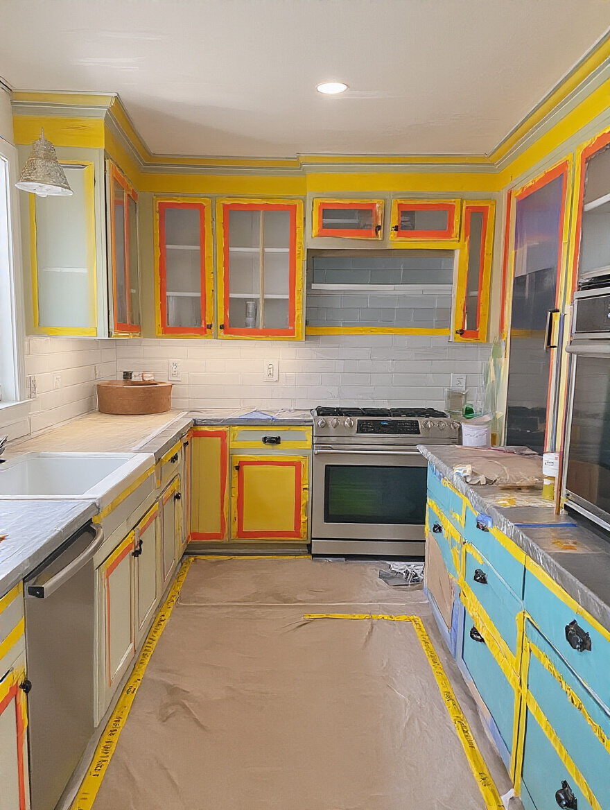 Professional kitchen makeover scene with painter's tape and protective draping
