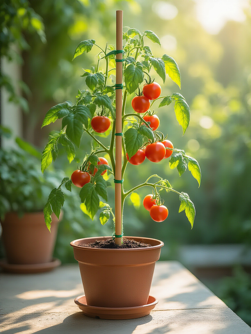 Potted tomato plant on patio supported by bamboo stake with soft ties under natural morning light