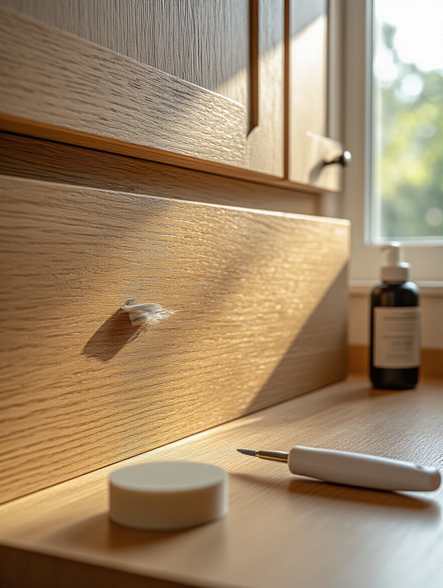 A kitchen cabinet with scratches being repaired, showcasing tools and a bright atmosphere.