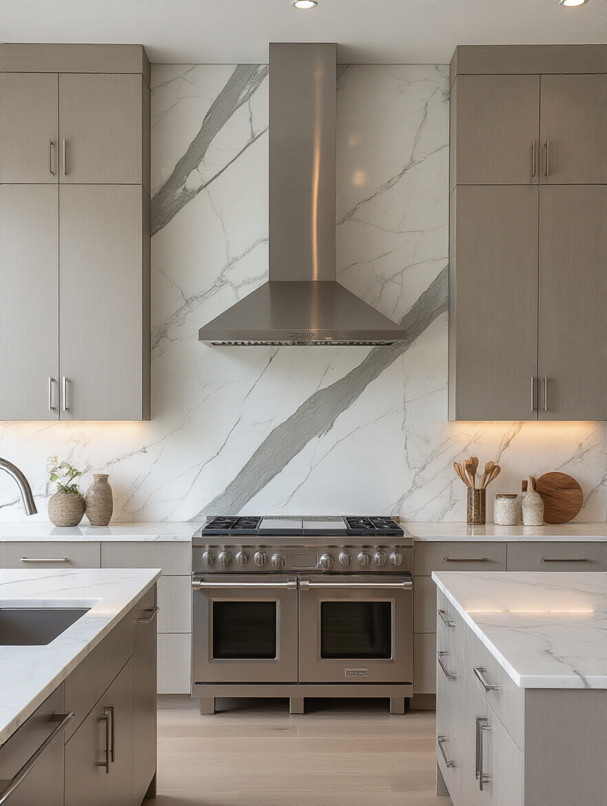 Modern kitchen with a stunning marble feature wall behind a stainless steel range hood, showcasing elegant kitchen backsplash inspiration.